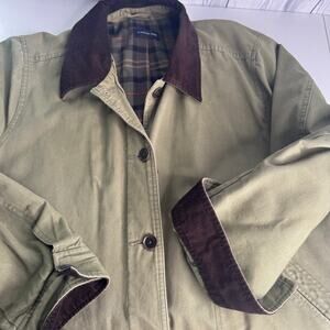Lands End Field Chore Coat Olive Men's XL Flannel Plaid Lined Corduroy Collar
